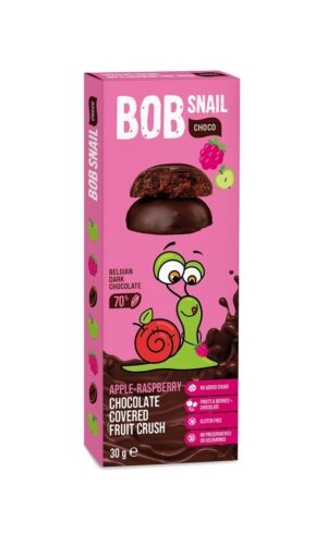 PRZEKĄSKA CHOCO JABŁKO - MALINA W CIEMNEJ CZEKOLADZIE BELGIJSKIEJ BEZ DODATKU CUKRÓW BEZGLUTENOWA 30 g - BOB SNAIL