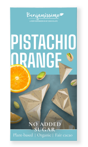 TABLICZKA KAKAOWA PISTACJE - POMARAŃCZA BEZ DODATKU CUKRÓW BEZGLUTENOWA BIO 60 g - BENJAMISSIMO