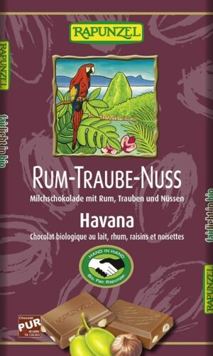 CZEKOLADA MLECZNA Z RODZYNKAMI, RUMEM I ORZECHAMI LASKOWYMI FAIR TRADE BIO 100 g - RAPUNZEL