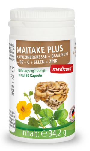 GRZYBY MAITAKE Z NASTURCJĄ, BAZYLIĄ, WITAMINĄ B6, C, SELENEM I CYNKIEM 60 KAPSUŁEK - MEDICURA
