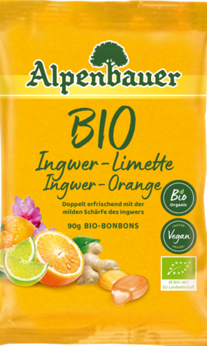 CUKIERKI Z NADZIENIEM O SMAKU IMBIROWO - LIMONKOWYM I IMBIROWO - POMARAŃCZOWYM BIO 90 g - ALPENBAUER