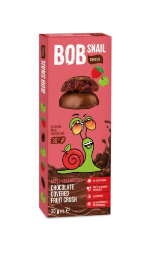 PRZEKĄSKA CHOCO JABŁKO - TRUSKAWKA W MLECZNEJ CZEKOLADZIE BIELGIJSKIEJ BEZ DODATKU CUKRÓW BEZGLUTENOWA 30 g - BOB SNAIL