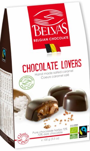 CZEKOLADKI BELGIJSKIE SERCA Z KARMELEM I SOLĄ MORSKĄ FAIR TRADE BEZGLUTENOWE BIO 100 g - BELVAS