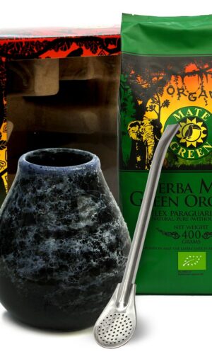 ZESTAW YERBA MATE BIO 400 g, MATERO (LOSOWY WZÓR), BOMBILLA - ORGANIC MATE GREEN