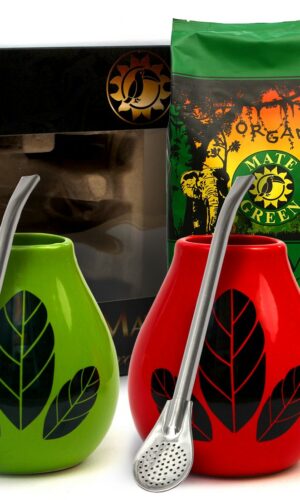 ZESTAW DLA DWOJGA YERBA MATE BIO 400 g, 2 x MATERO (LOSOWY WZÓR), 2 x BOMBILLA - ORGANIC MATE GREEN