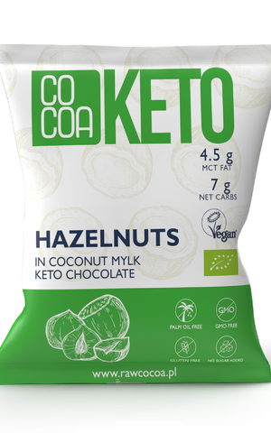ORZECHY LASKOWE W CZEKOLADZIE KETO Z OLEJEM MCT BEZ DODATKU CUKRÓW BEZGLUTENOWE BIO 70 g - COCOA
