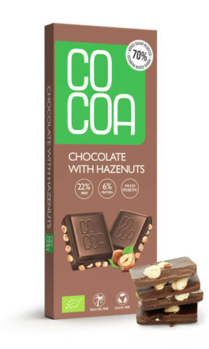 CZEKOLADA Z ORZECHAMI LASKOWYMI 70 % MNIEJ CUKRU BIO 40 g - COCOA