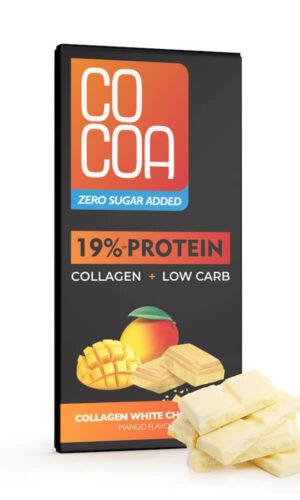 CZEKOLADA BIAŁA PROTEINOWA MANGO Z KOLAGENEM BEZ DODATKU CUKRÓW 65 g - COCOA