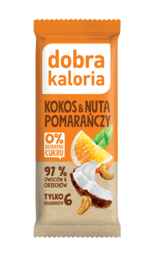 BATON DAKTYLOWY KOKOS & NUTA POMARAŃCZY BEZ DODATKU CUKRÓW 35 g - DOBRA KALORIA