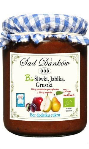 ŚLIWKA - JABŁKO - GRUSZKA BEZ DODATKU CUKRÓW BIO 270 g - SAD DANKÓW