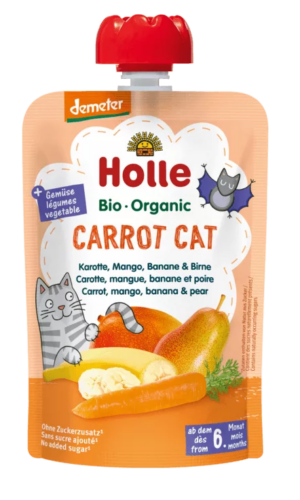 MUS MARCHEWKOWY KOT (MARCHEW - MANGO - BANAN - GRUSZKA) BEZ DODATKU CUKRÓW OD 6 MIESIĄCA DEMETER BIO 100 g - HOLLE