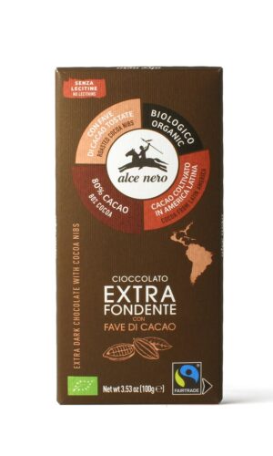 CZEKOLADA GORZKA Z ZIARNAMI KAKAOWCA FAIR TRADE BEZGLUTENOWA BIO 100 g - ALCE NERO
